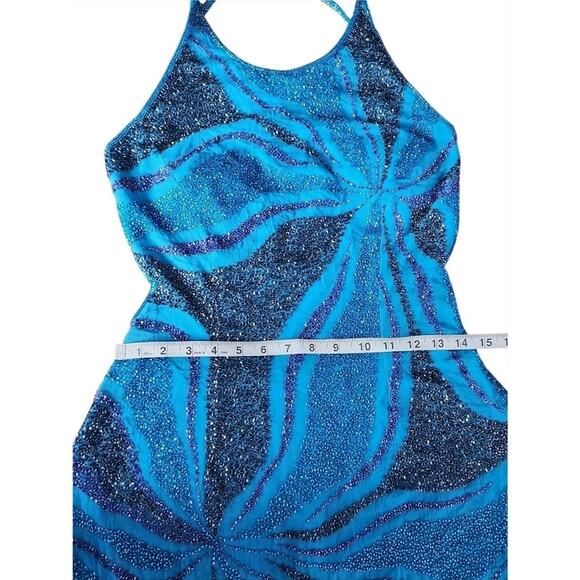 Cache Vintage Beaded Silk Blue Open Back Gown Maxi Dress High Slits Size Large - Picture 8 of 13